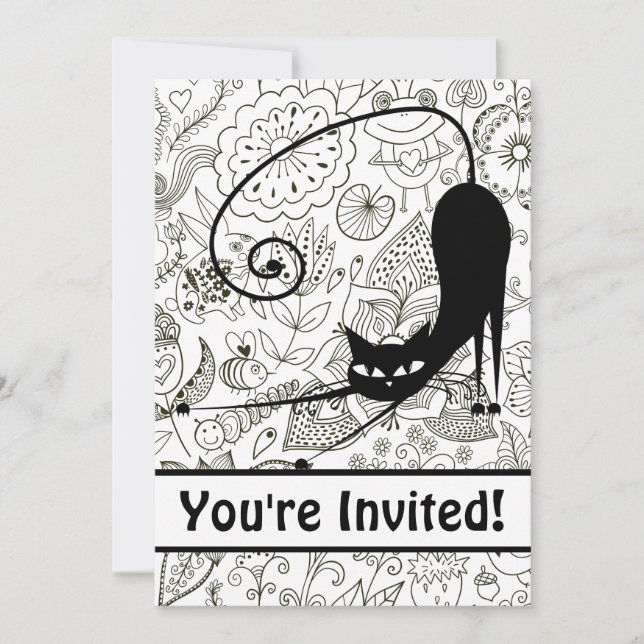 Black and White Cat and Garden Birthday Invitation (Front)