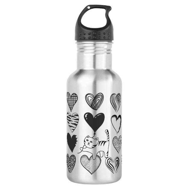 Black and White Cat and Heart Pattern 532 Ml Water Bottle (Front)