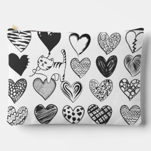 Black and White Cat and Heart Pattern Accessory Pouch