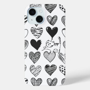 Black and White Cat and Heart Pattern iPhone 15 Case