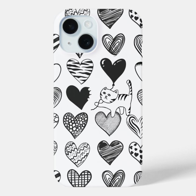 Black and White Cat and Heart Pattern Case-Mate iPhone Case (Back)
