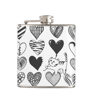 Black and White Cat and Heart Pattern Hip Flask