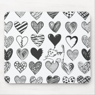 Black and White Cat and Heart Pattern Mouse Mat