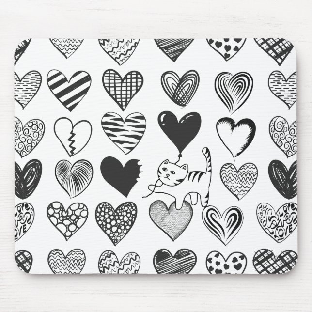 Black and White Cat and Heart Pattern Mouse Mat (Front)