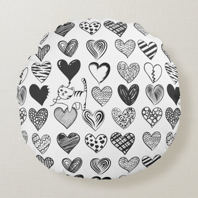 Black and White Cat and Heart Pattern Round Cushion (Front)