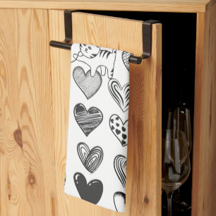 Black and White Cat and Heart Pattern Tea Towel