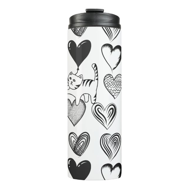 Black and White Cat and Heart Pattern Thermal Tumbler (Front)