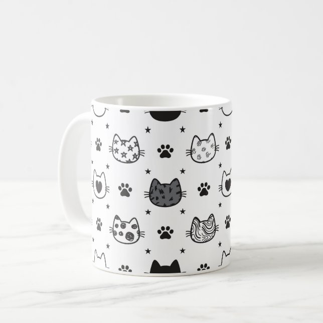 Black and white cat background on a  coffee mug (Front Left)