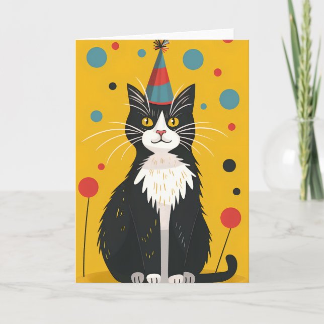Black and White Cat Birthday Party Greeting Card (Front)