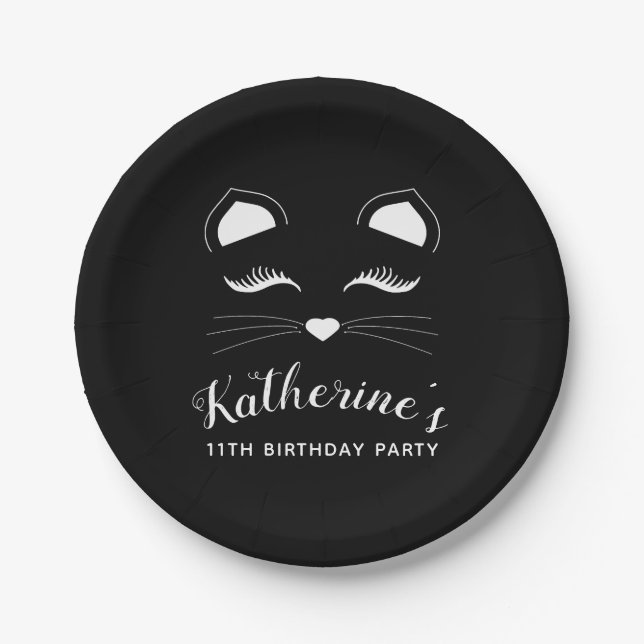 Black and White Cat Birthday Party Paper Plate (Front)