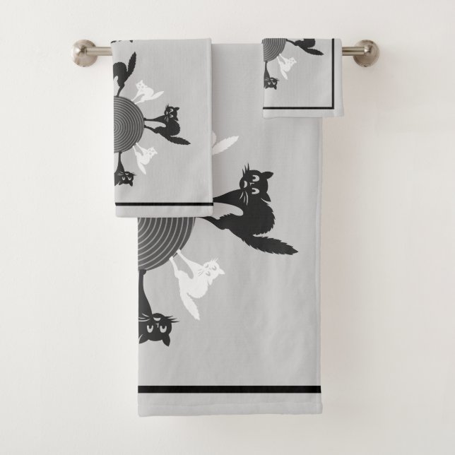 Black and white cat carousel on grey background bath towel set (Insitu)