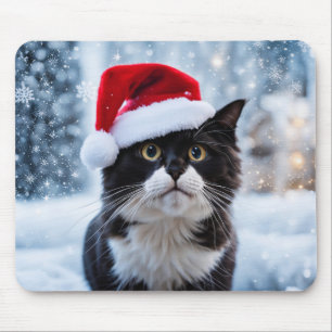 Black and white cat Christmas Mouse Mat
