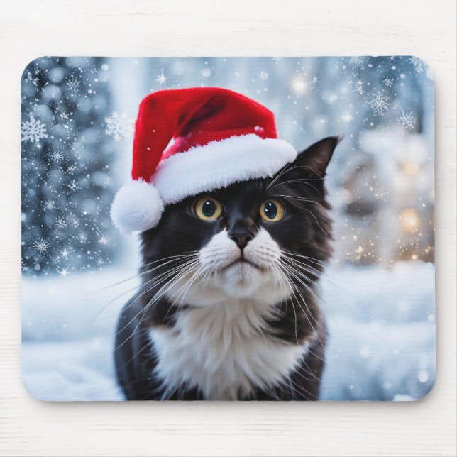 Black and white cat Christmas Mouse Mat (Front)