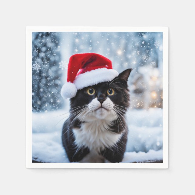 Black and white cat Christmas Napkin (Front)