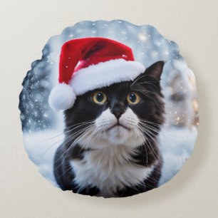 Black and white cat Christmas Round Cushion