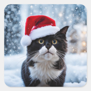 Black and white cat Christmas Square Sticker