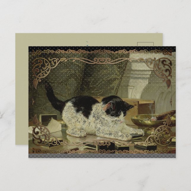 Black and White Cat Cigar Oil Bronze Border Holiday Postcard (Front/Back)