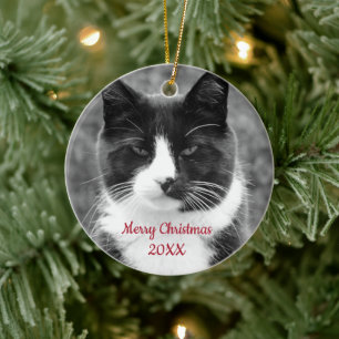 Black and White Cat Customizable Ceramic Tree Decoration