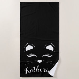 Black and White Cat Face Beach Towel