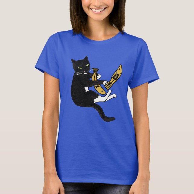 Black and White cat fishing T shirt (Front)