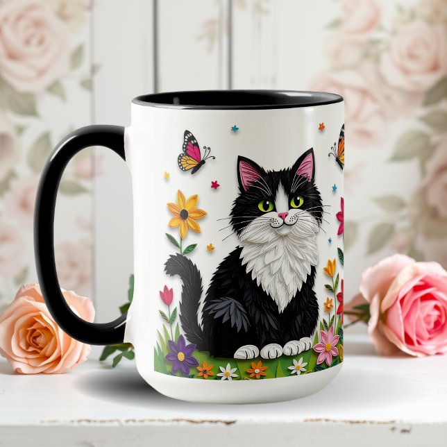 Black and White Cat, Flowers and Butterflies   Mug (Creator Uploaded)