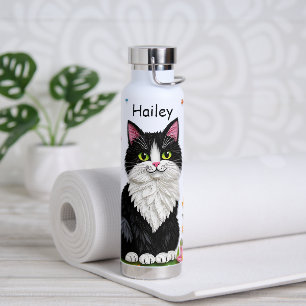 Black and White Cat, Flowers and Butterflies Water Bottle