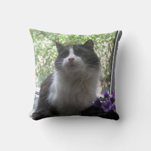 Black and white cat, flowers. cushion