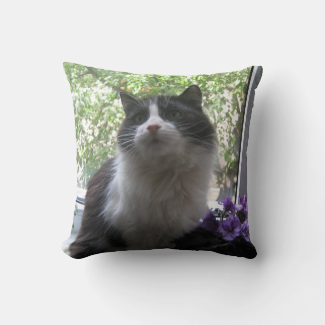 Black and white cat, flowers. cushion (Front)