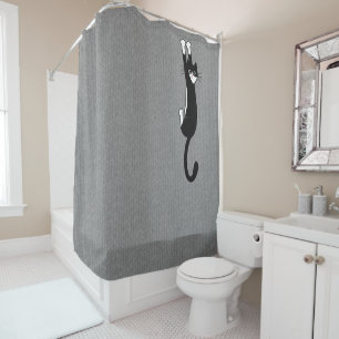 Black and White Cat Hanging On   Funny Tuxedo Cat Shower Curtain