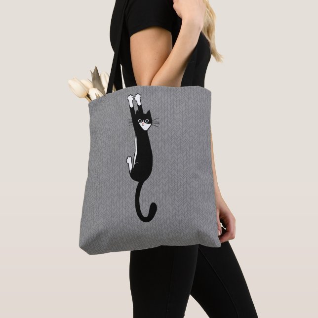 Black and White Cat Hanging On | Funny Tuxedo Cat Tote Bag (Close Up)