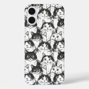 Black and White Cat Illustration iPhone 16 Plus Case