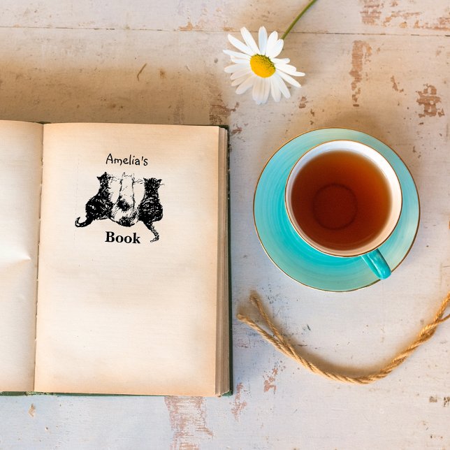 Black and White Cat illustration This book belongs Rubber Stamp (Creator Uploaded)