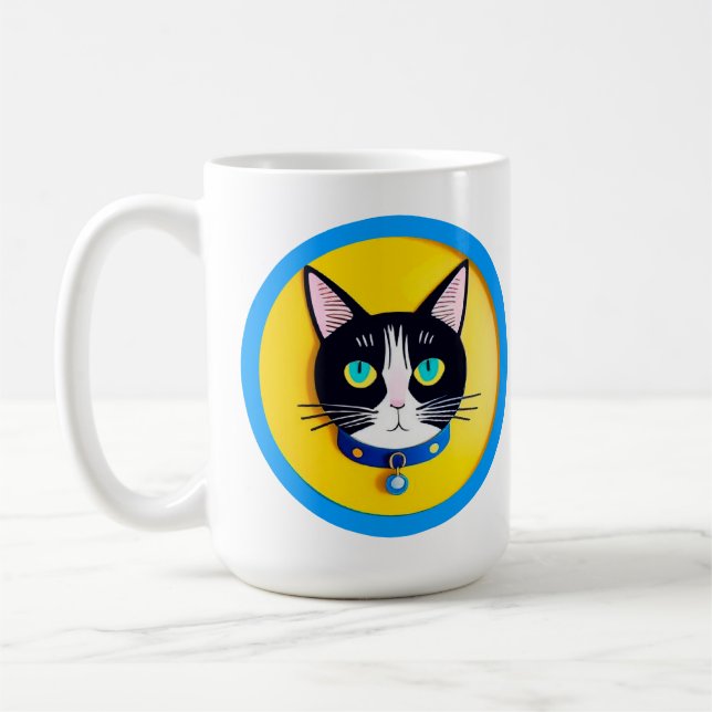 Black and White Cat Illustration with Blue Eyes Coffee Mug (Left)