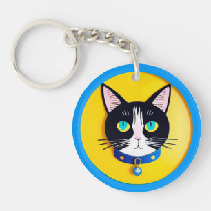 Black and White Cat Illustration with Blue Eyes Key Ring