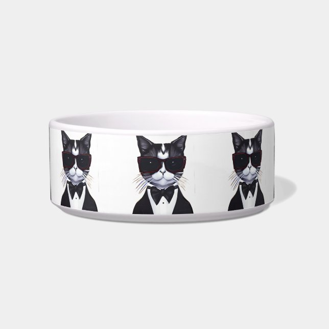 Black and White Cat in a Tuxedo and Bow Tie Bowl (Front)