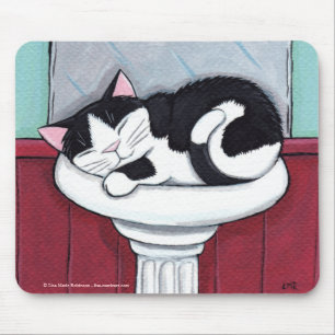 Black and White Cat in Bathroom Sink - Cat Art Mouse Mat