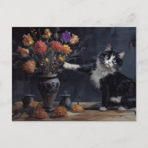 Black and white cat knocking vase off table postcard