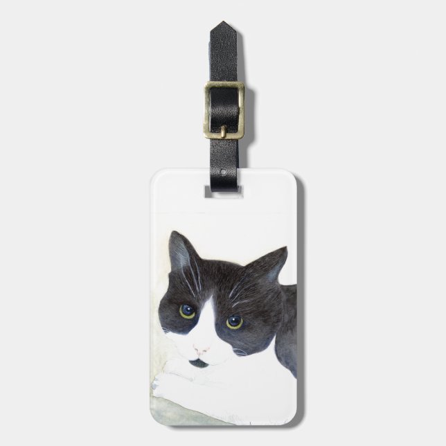 Black and White Cat Luggage Tag (Front Vertical)