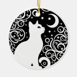Black and White Cat Moon Window Suncatcher Ceramic Tree Decoration