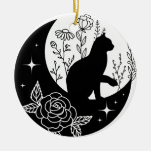 Black and White Cat Moon Window Suncatcher Ceramic Tree Decoration