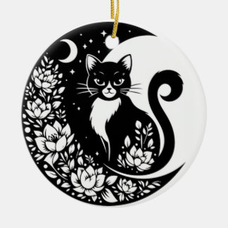 Black and White Cat Moon Window Suncatcher Ceramic Tree Decoration