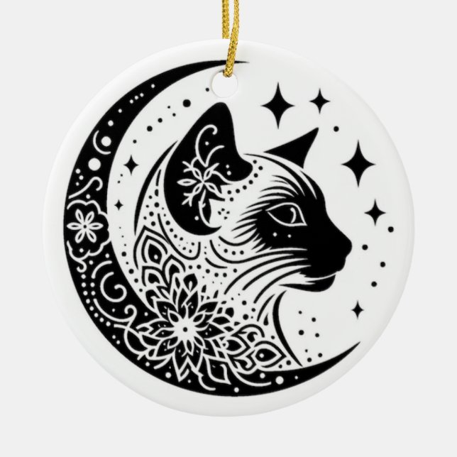 Black and White Cat Moon Window Suncatcher Ceramic Tree Decoration (Front)