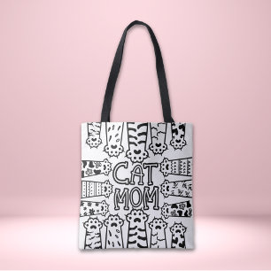 Black and white cat mum with cat paws tote bag