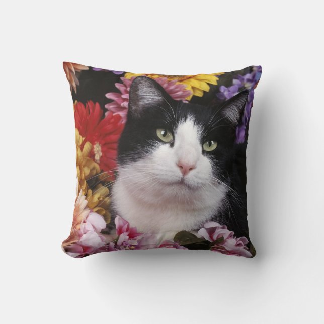 Black and White Cat on Flowers Cushion (Front)