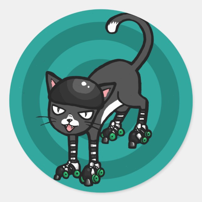Black and white cat on Rollerskates Classic Round Sticker (Front)