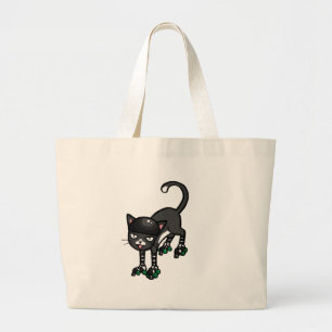Black and white cat on Rollerskates Large Tote Bag