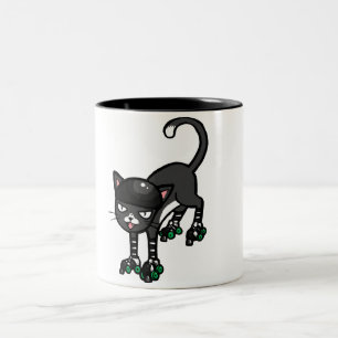 Black and white cat on Rollerskates Two-Tone Coffee Mug