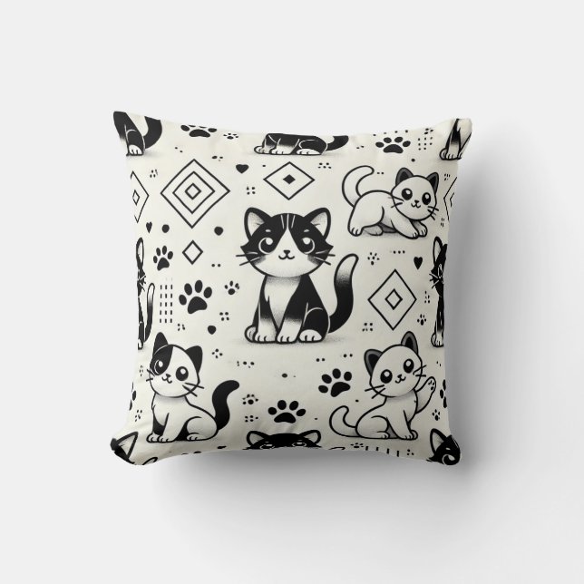  Black and White Cat Pattern Pillow (Front)