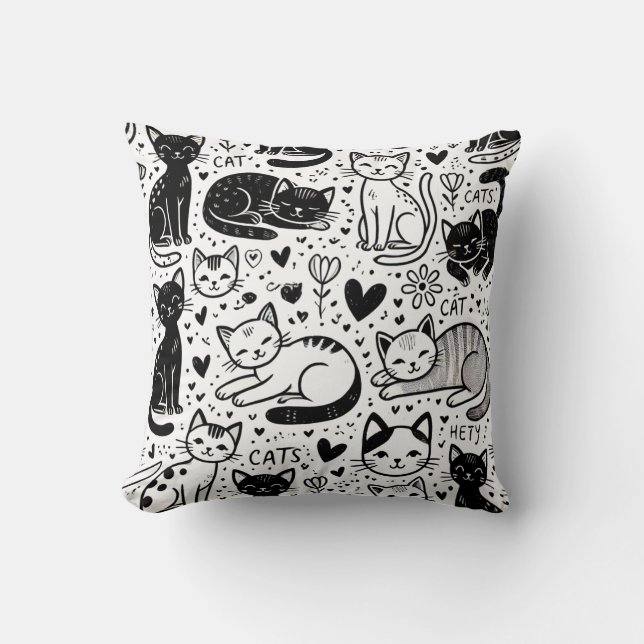 Black and White Cat Pattern Pillow Cosy & Stylish (Front)