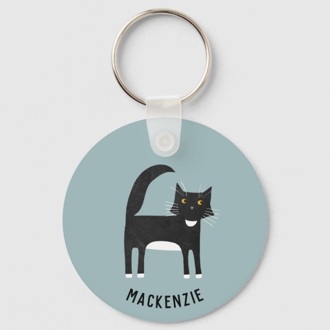 Black and White Cat Personalised Key Ring (Front)
